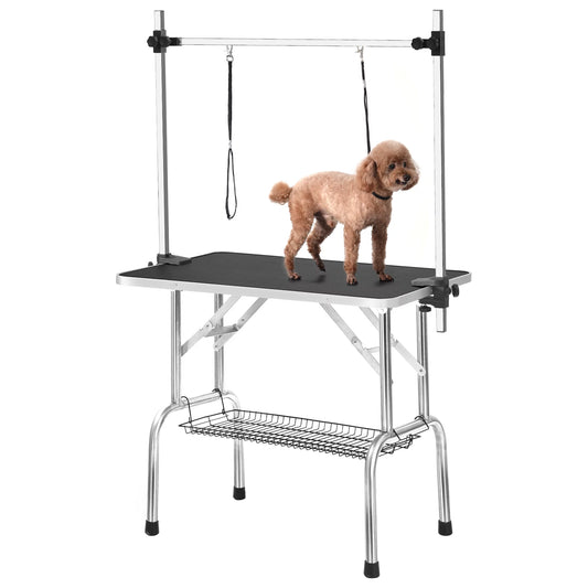 Petpie 36" Professional Dog Grooming Table, PENTINM Heavy Duty Stainless Steel Frame Foldable Table w/Adjustable with Arm/Noose, Maximum Capacity Up to 330lbs, Black