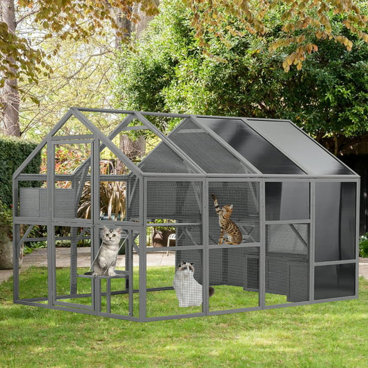 Petpie Grey Cat House Large 108.7'', Weatherproof UV Proof Walk-in Wooden Cat Enclosure Large for Multiple Cats, Upgrade Luxury Cat Condo Cage Playpen with Sunshine Board, Dark Grey