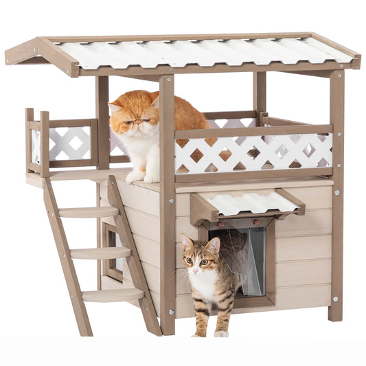 Petpie Wood Cat House, Outdoor Indoor 2 Story Design Kitty Shelter Pet Condo with Durable PVC Roof, Escape Door, Curtain and Stair, Perfect for Multi Cats